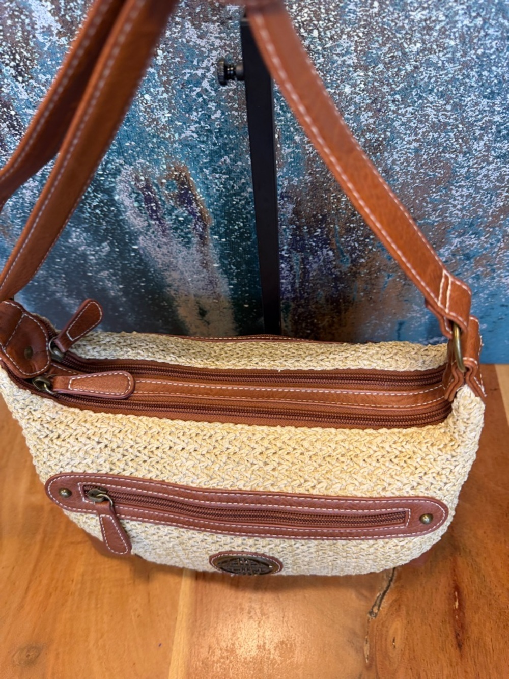 Stone Mountain Boho Woven Straw Faux Leather Crossbody Shoulder Bag Tan (VGUC) - Picture 12 of 16